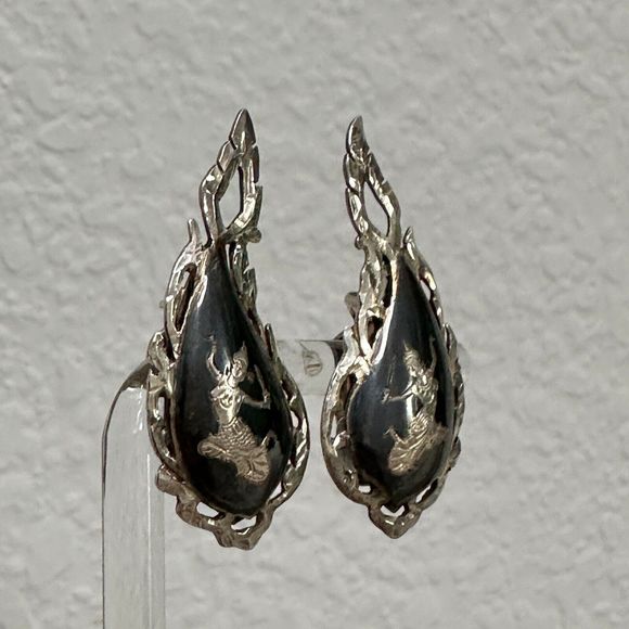 Vintage Siam Dancer Sterling Silver Black Niello Enamel Earrings Clip-on 50's - Picture 8 of 16